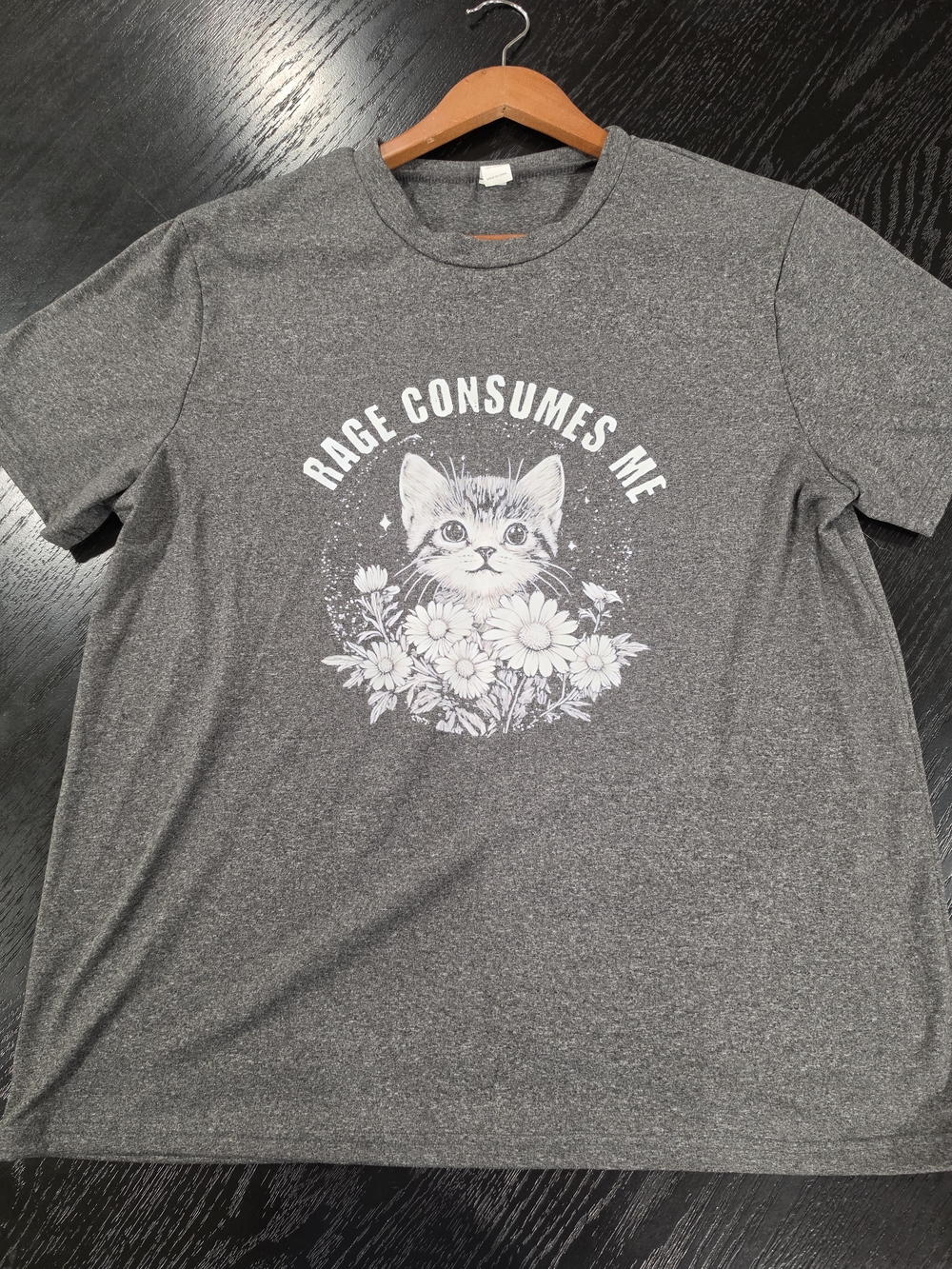 SHEIN Gray Short Sleeve Tee with White Cat & Floral Graphic